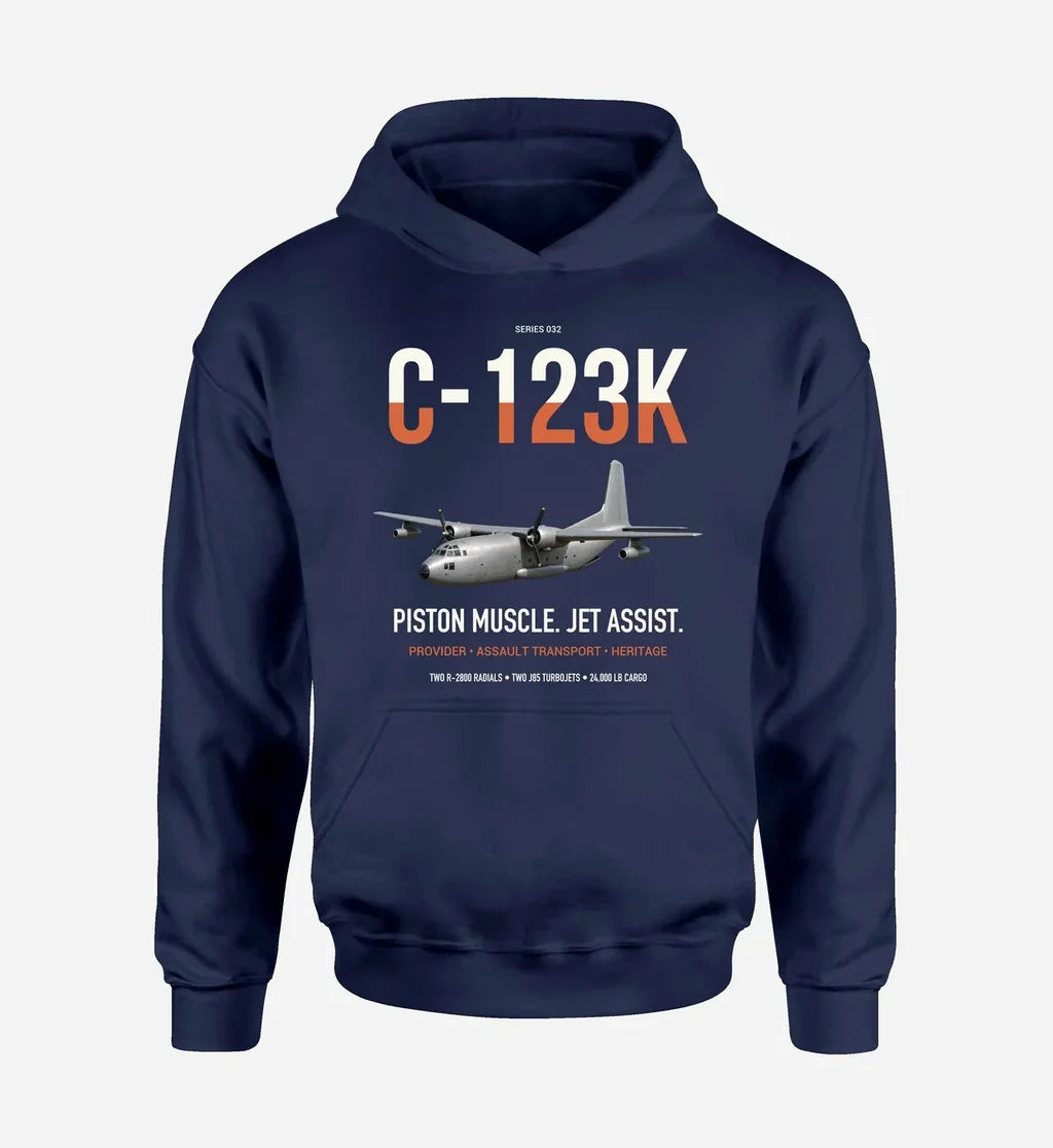 C-123K Provider design on navy blue double-side hoodie, single-side print