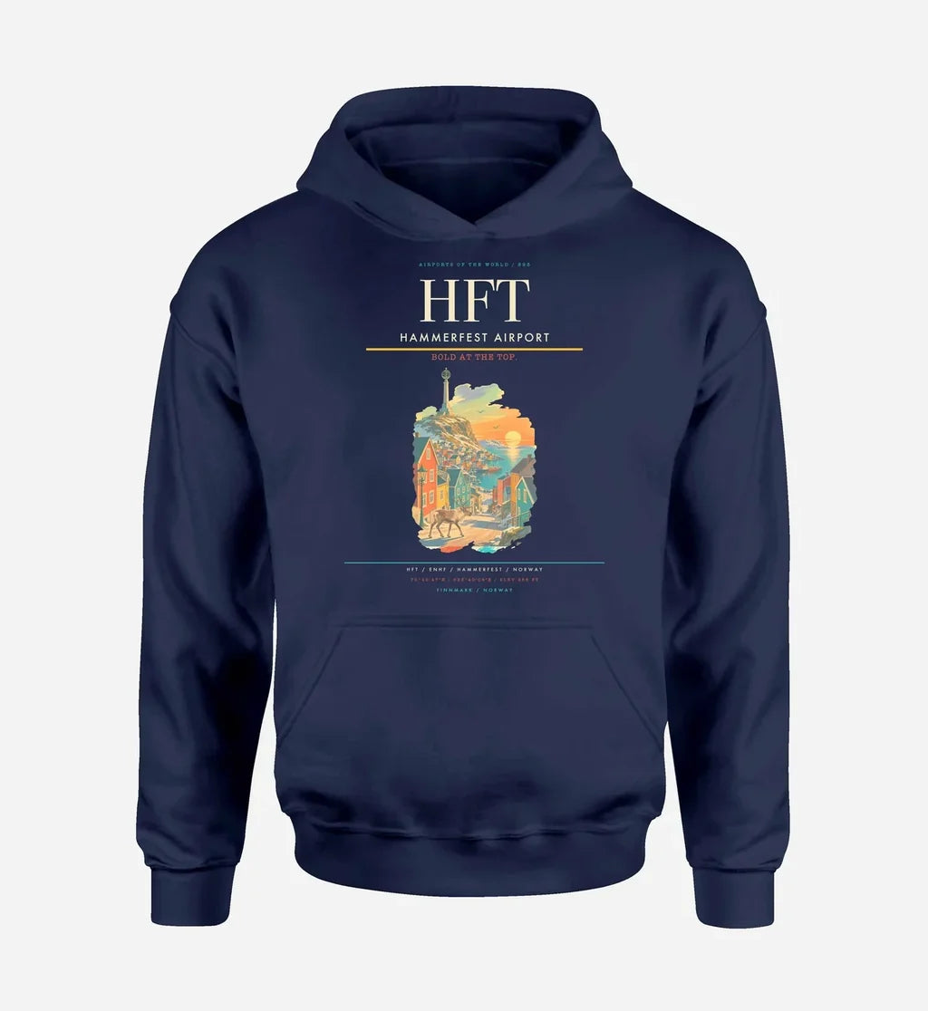 Hammerfest Airport (HFT) design on navy blue hoodie single-side print
