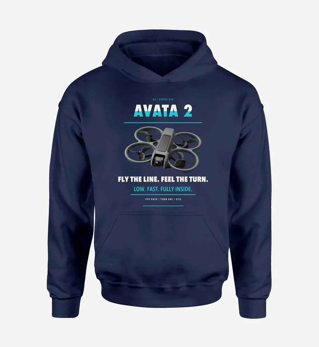 DJI Avata 2 design on navy blue hoodie single side