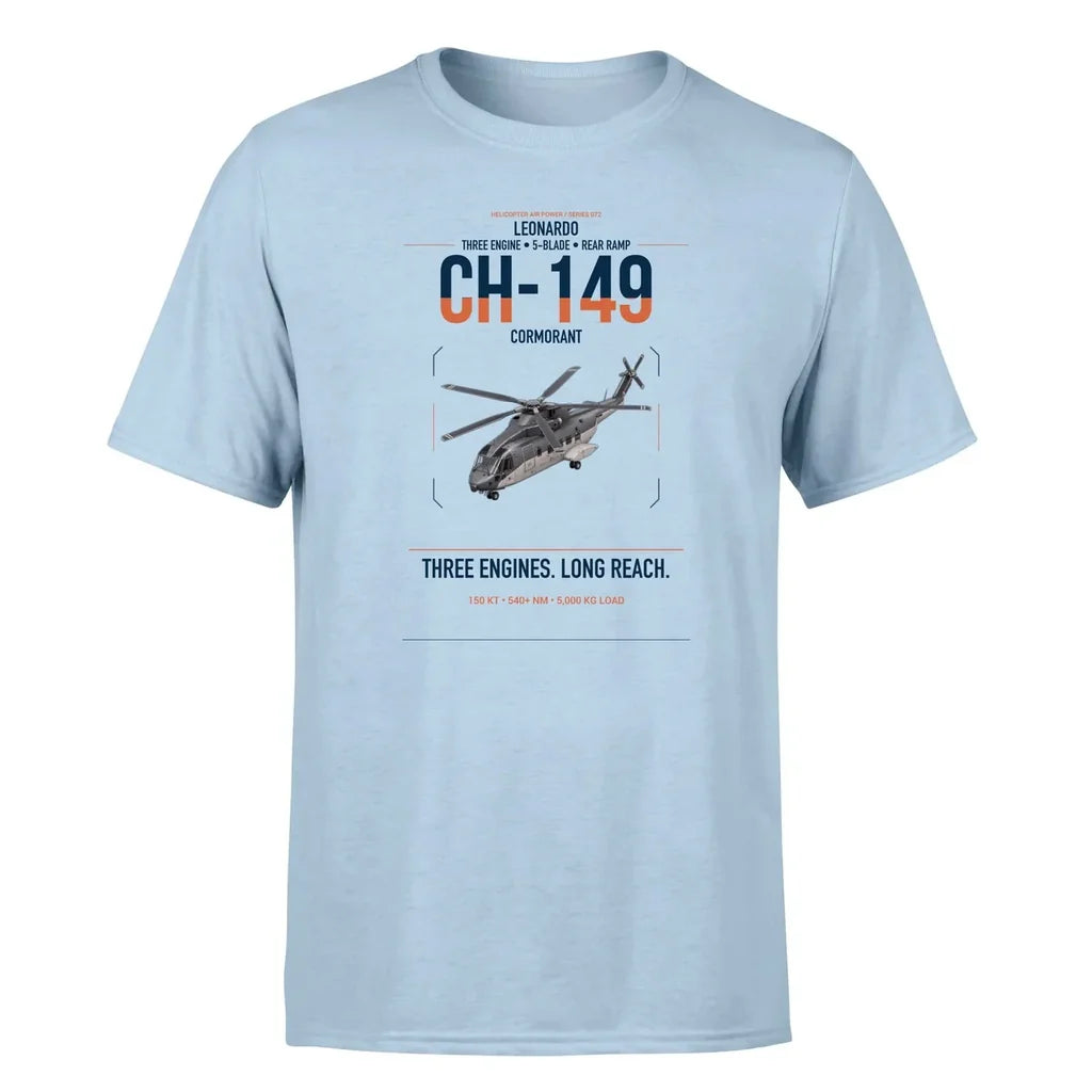 Leonardo CH-149 Cormorant design on light blue t-shirt, single-side print