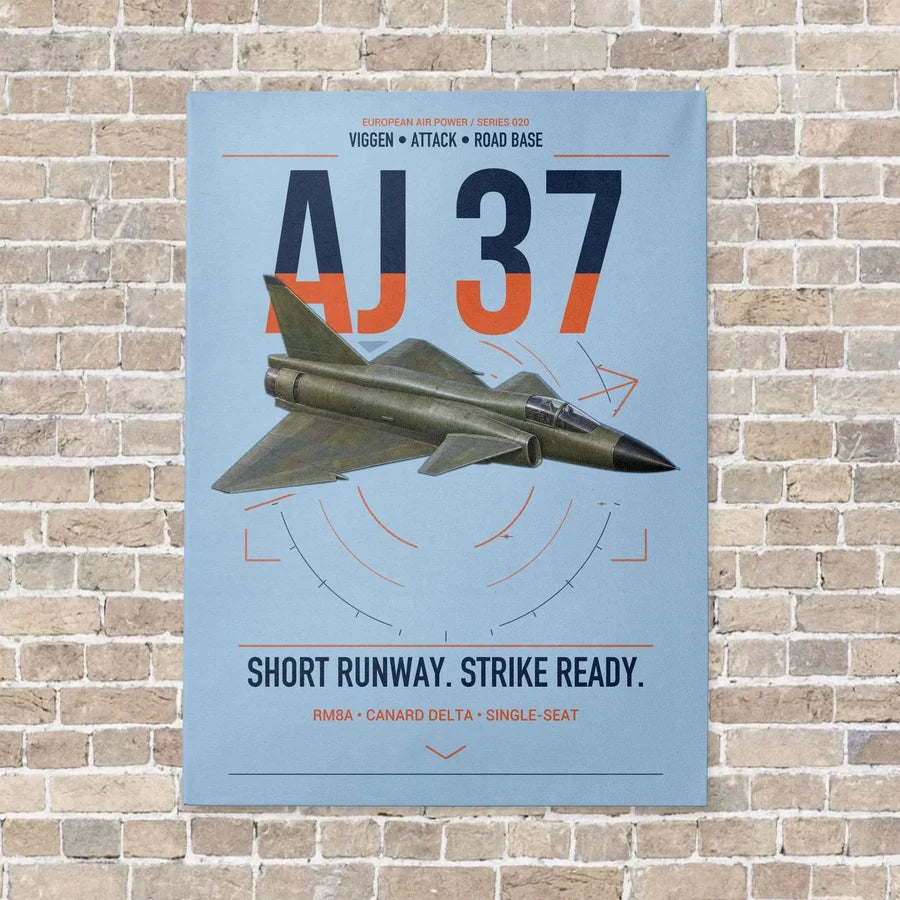 Saab AJ 37 Viggen vertical canvas print - no frame - light blue background