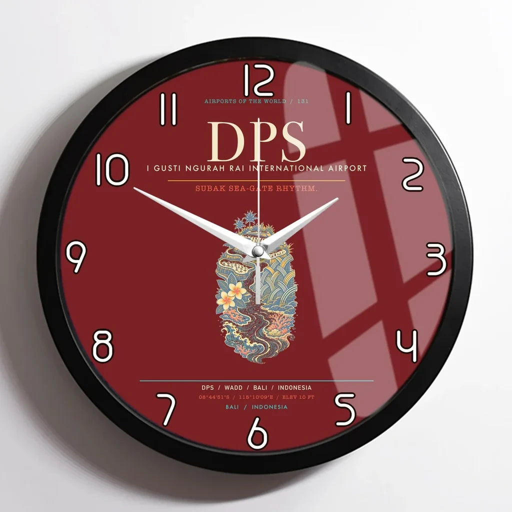 I Gusti Ngurah Rai International Airport Bali DPS - Subak Sea-Gate Rhythm Wall-Clock Framed - Dark Red