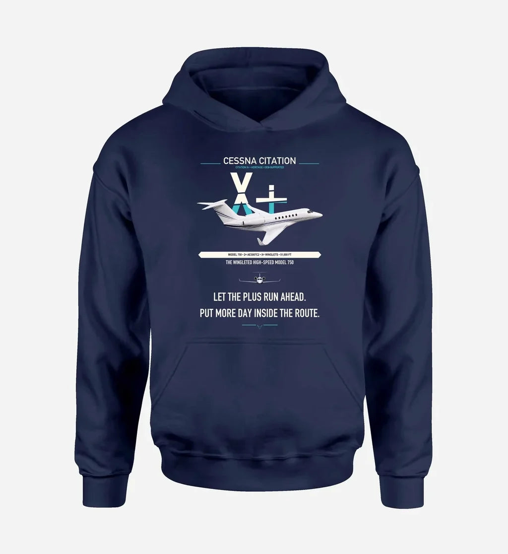 Cessna Citation X+ design on navy blue double-side hoodie, single-side print