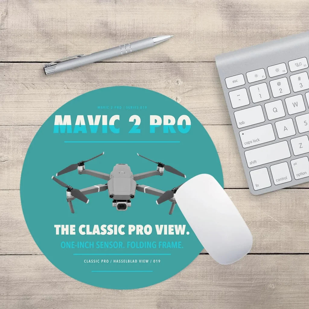 DJI Mavic 2 Pro design on turquoise round mouse pad
