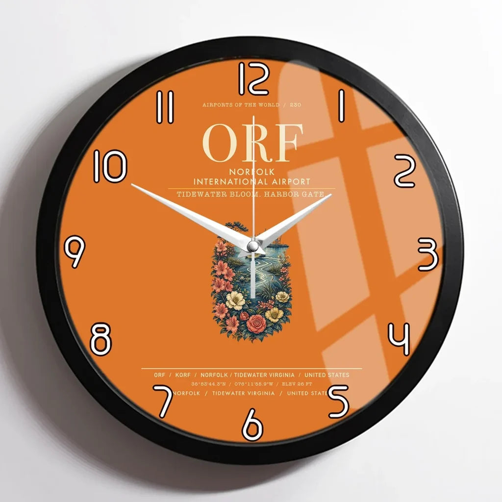 Norfolk International Airport (ORF) design on orange framed wall clock