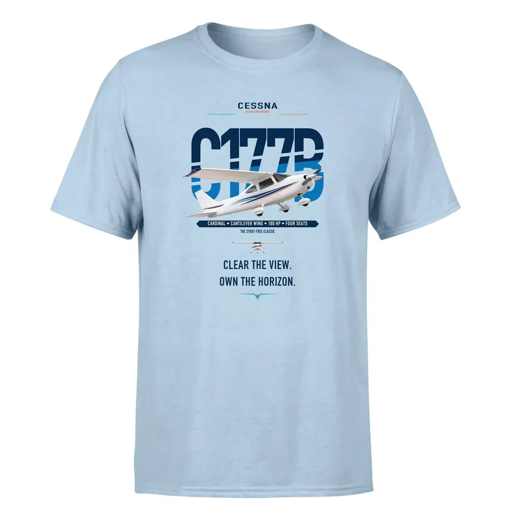 Cessna 177B Cardinal design on light blue t-shirt, single-side print