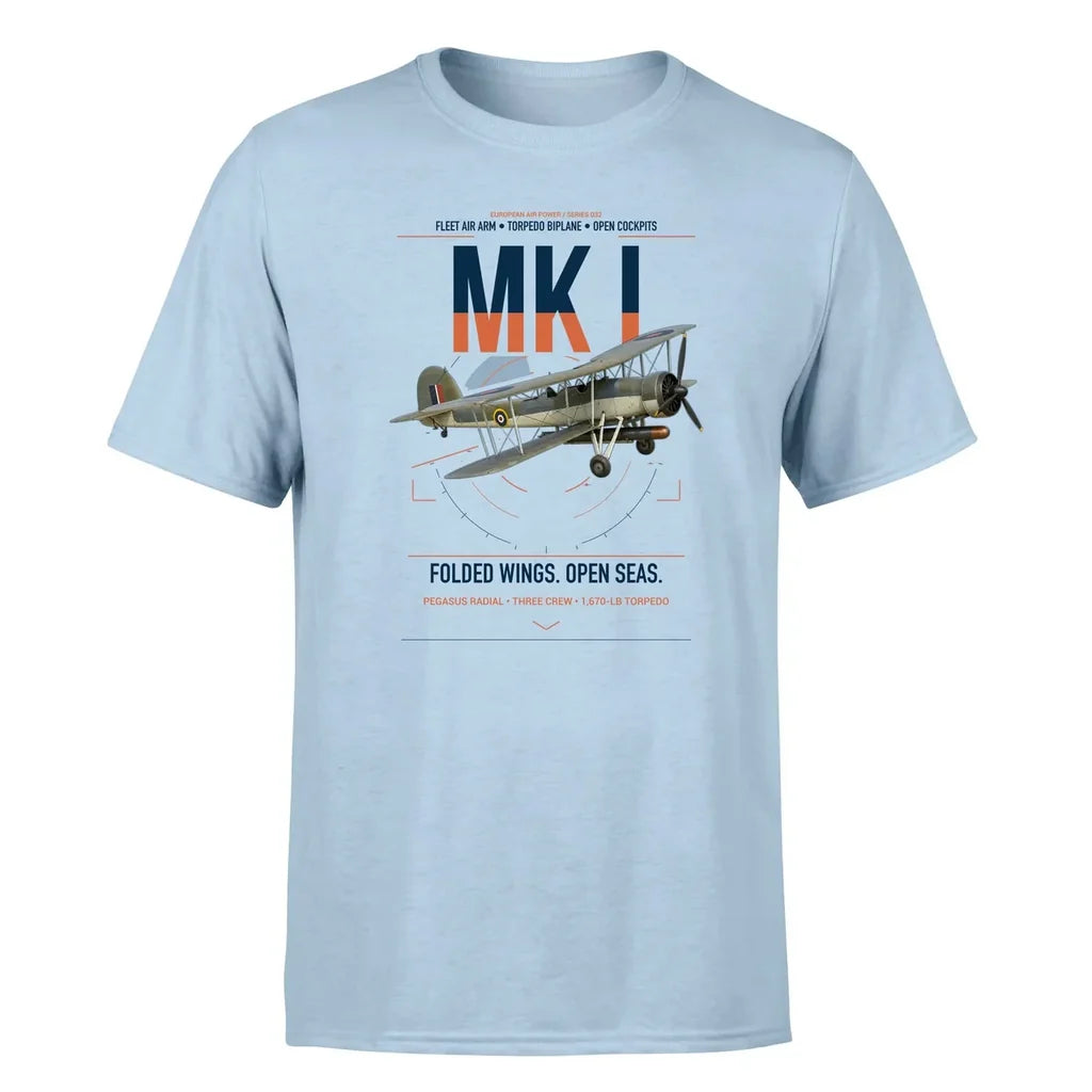 Fairey Swordfish Mk I design on light blue t-shirt, single-side print