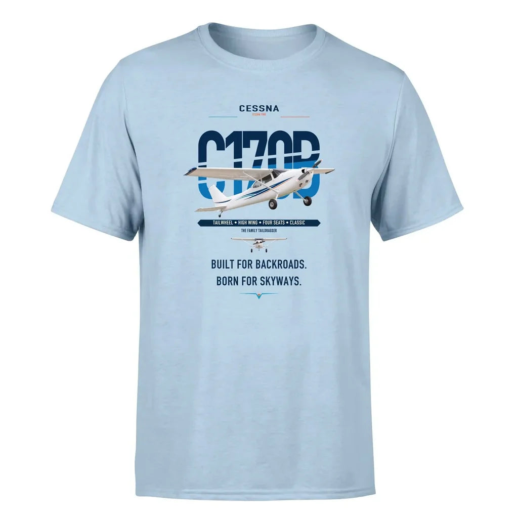 Cessna 170B design on light blue t-shirt, single-side print