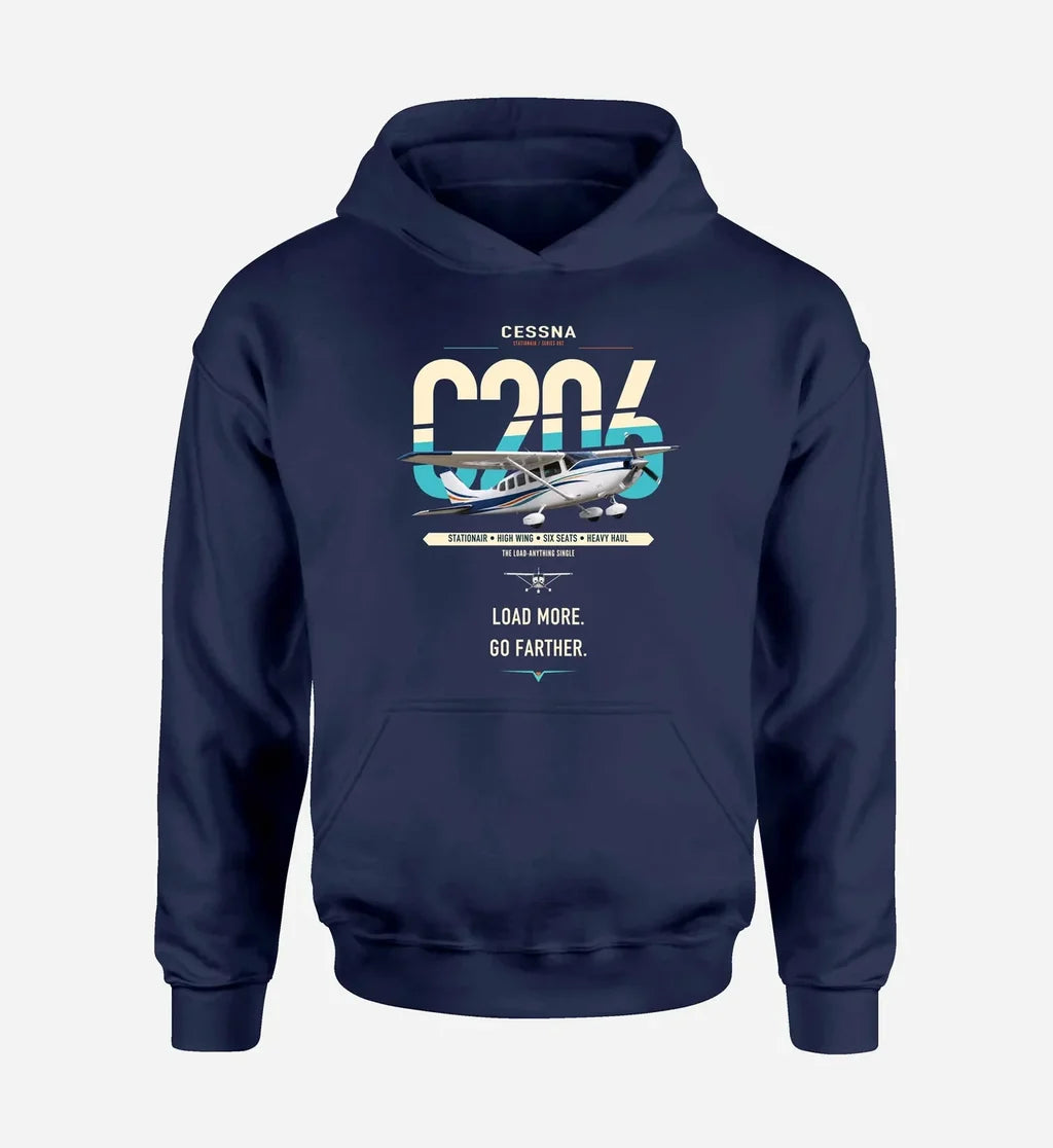 Cessna 206 Stationair design on navy blue double-side hoodie, single-side print