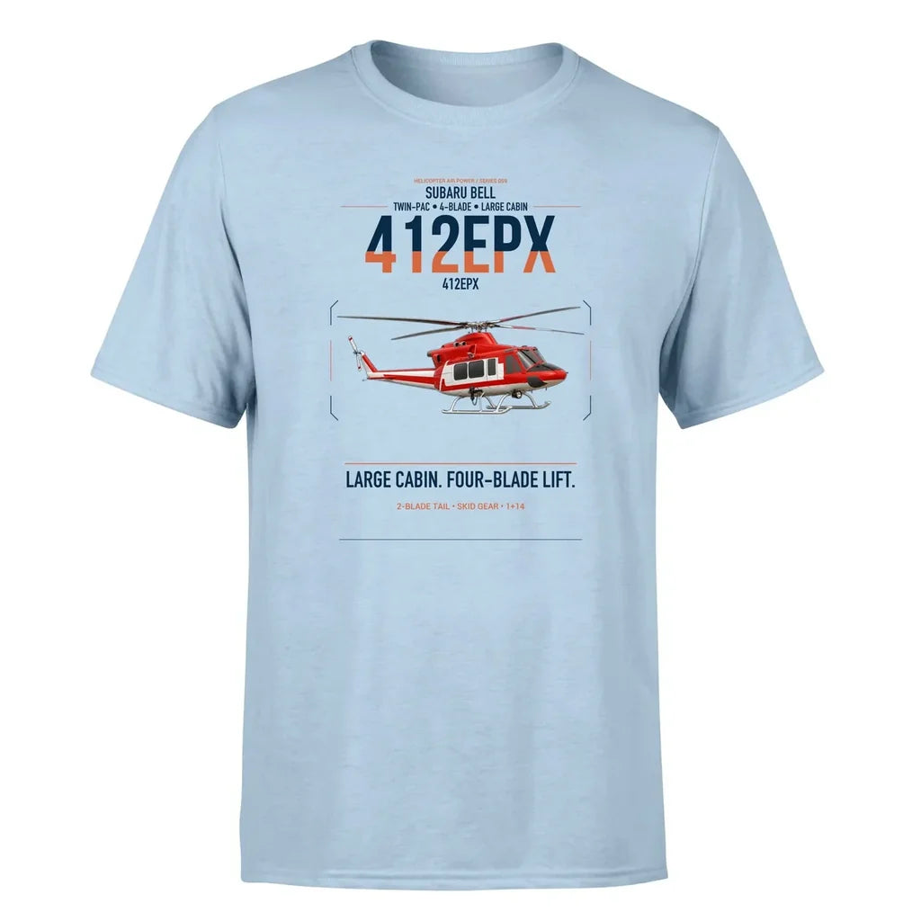 SUBARU Bell 412EPX design on light blue t-shirt, single-side print