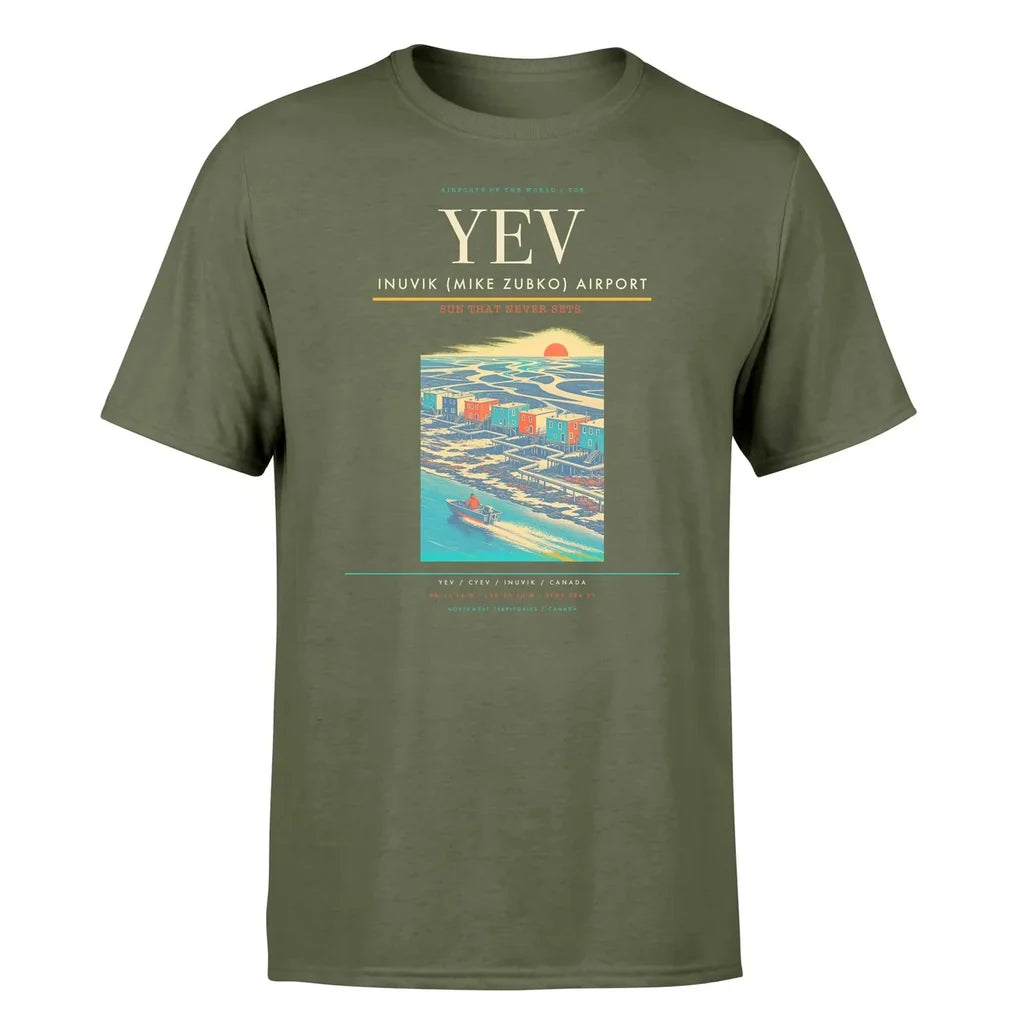 Inuvik (Mike Zubko) Airport (YEV) T-Shirt single-side front print in Green Army | inuvik-mike-zubko-airport-yev-double-side-t-shirt