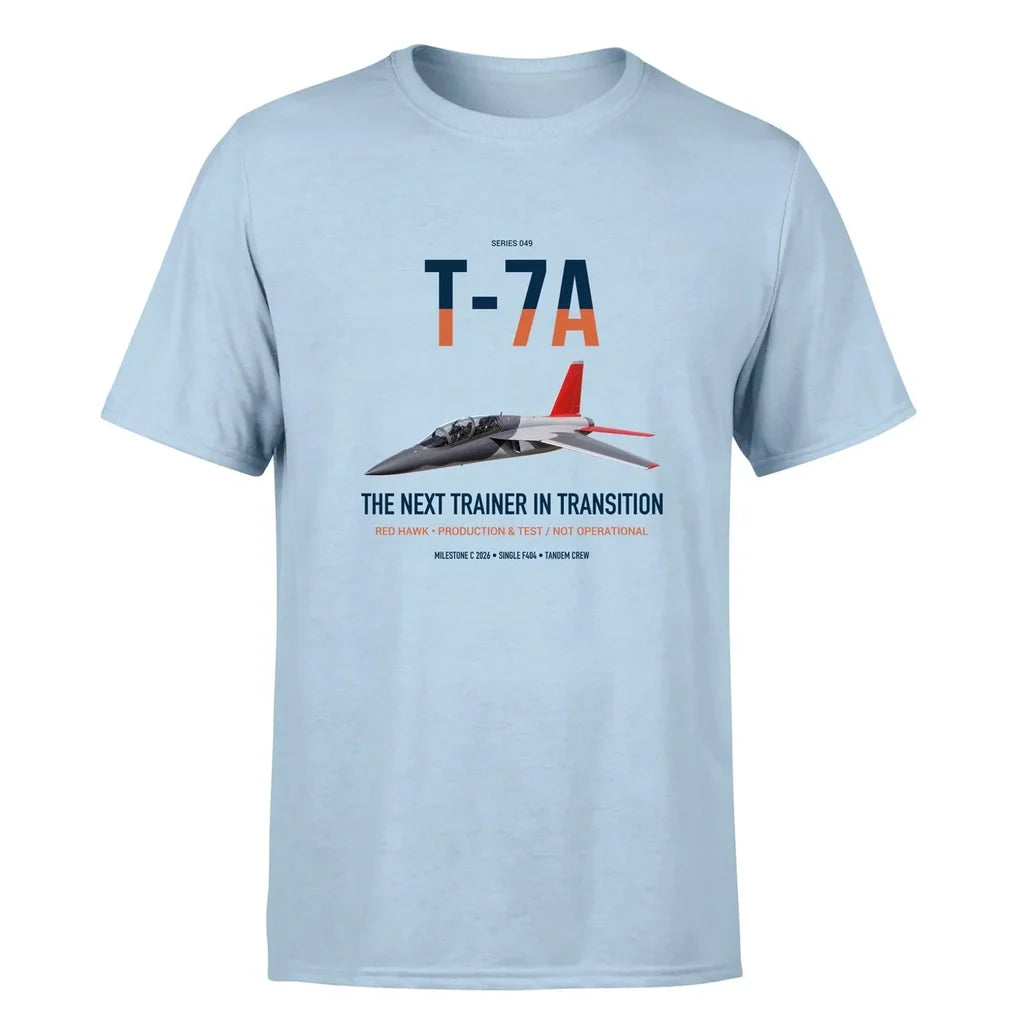 T-7A Red Hawk design on light blue double-side t-shirt, single-side print