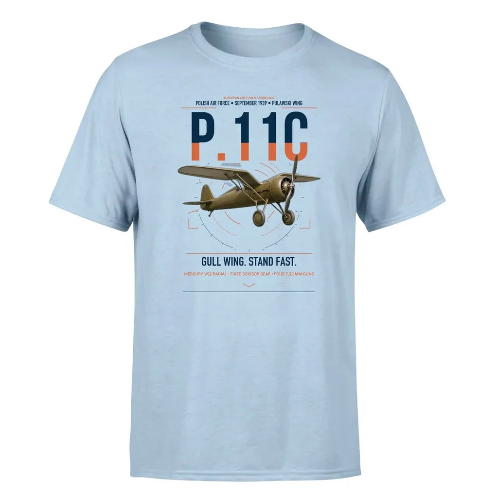 PZL P.11c design on light blue t-shirt, single-side print