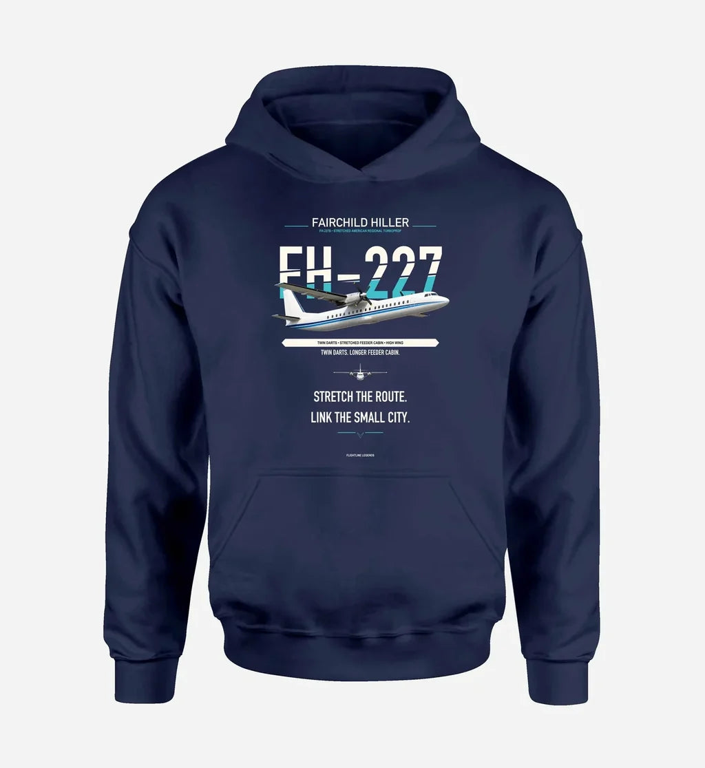 Fairchild Hiller FH-227B design on navy blue hoodie single side