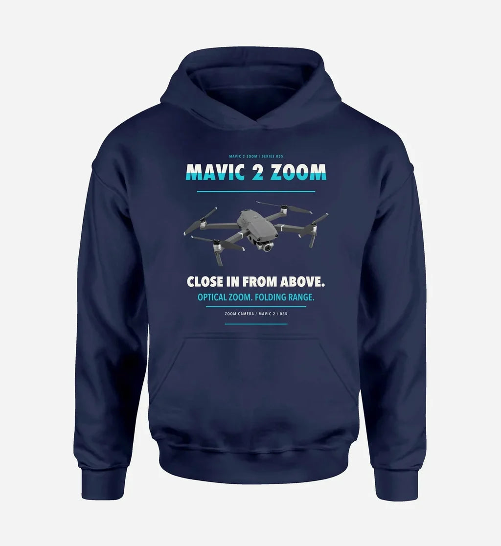 DJI Mavic 2 Zoom design on navy blue hoodie single side