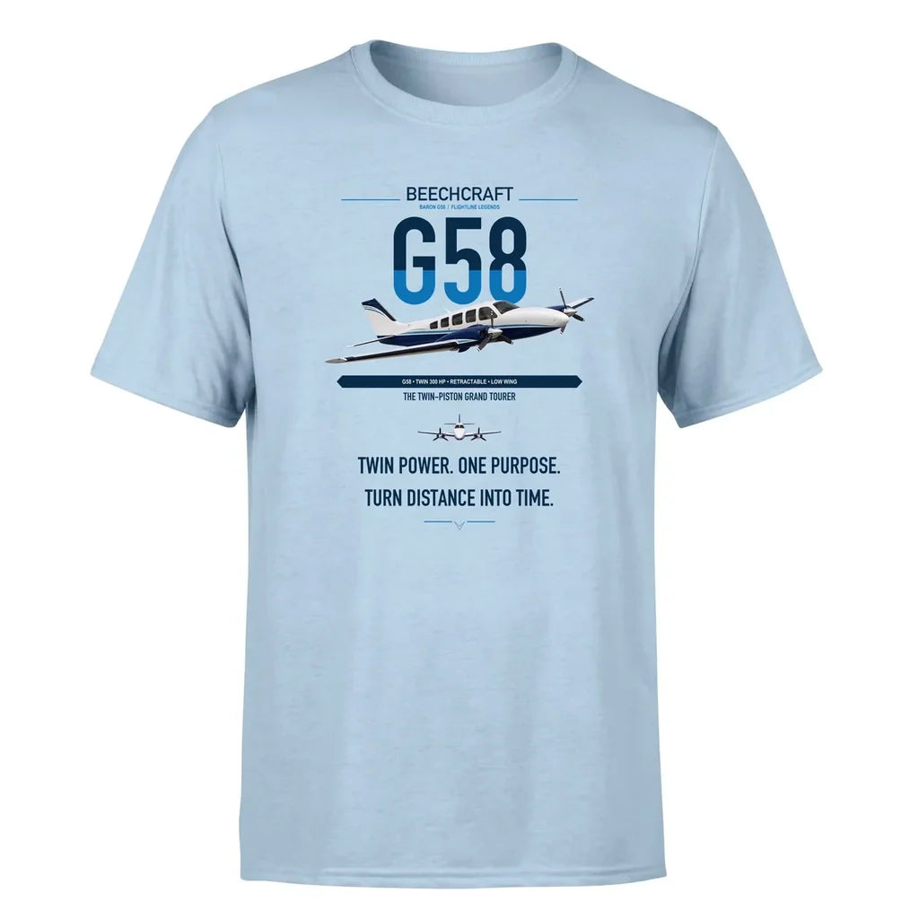 Beechcraft Baron G58 design on light blue t-shirt, single-side print