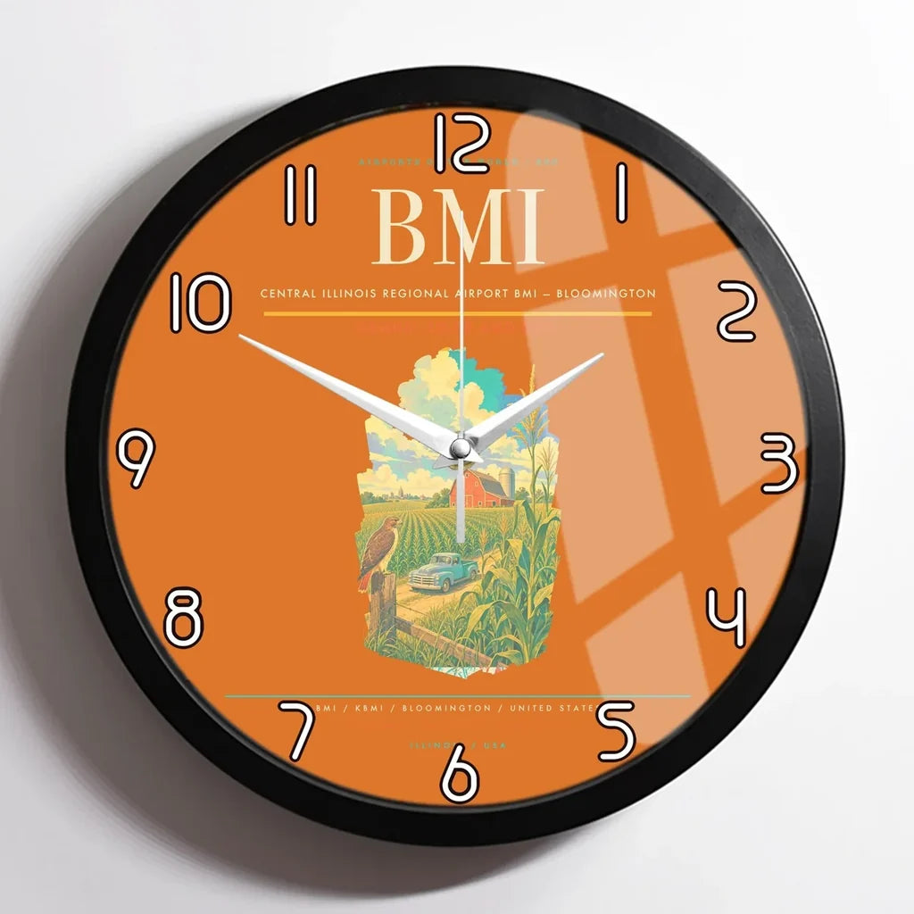 Central Illinois Regional Airport (BMI) design on orange framed wall clock