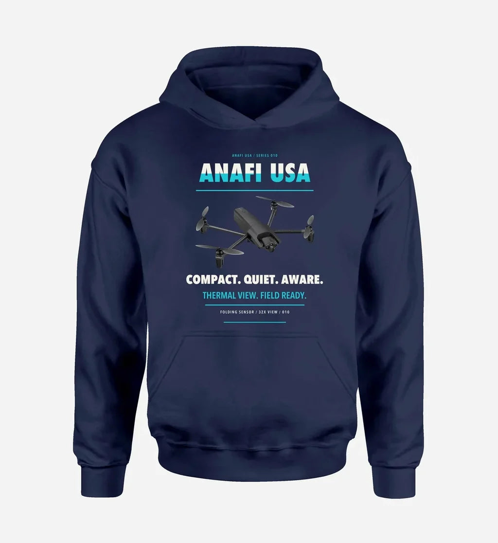 Parrot ANAFI USA design on navy blue hoodie single side