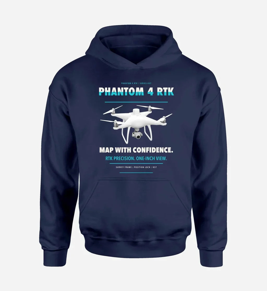DJI Phantom 4 RTK design on navy blue hoodie single side