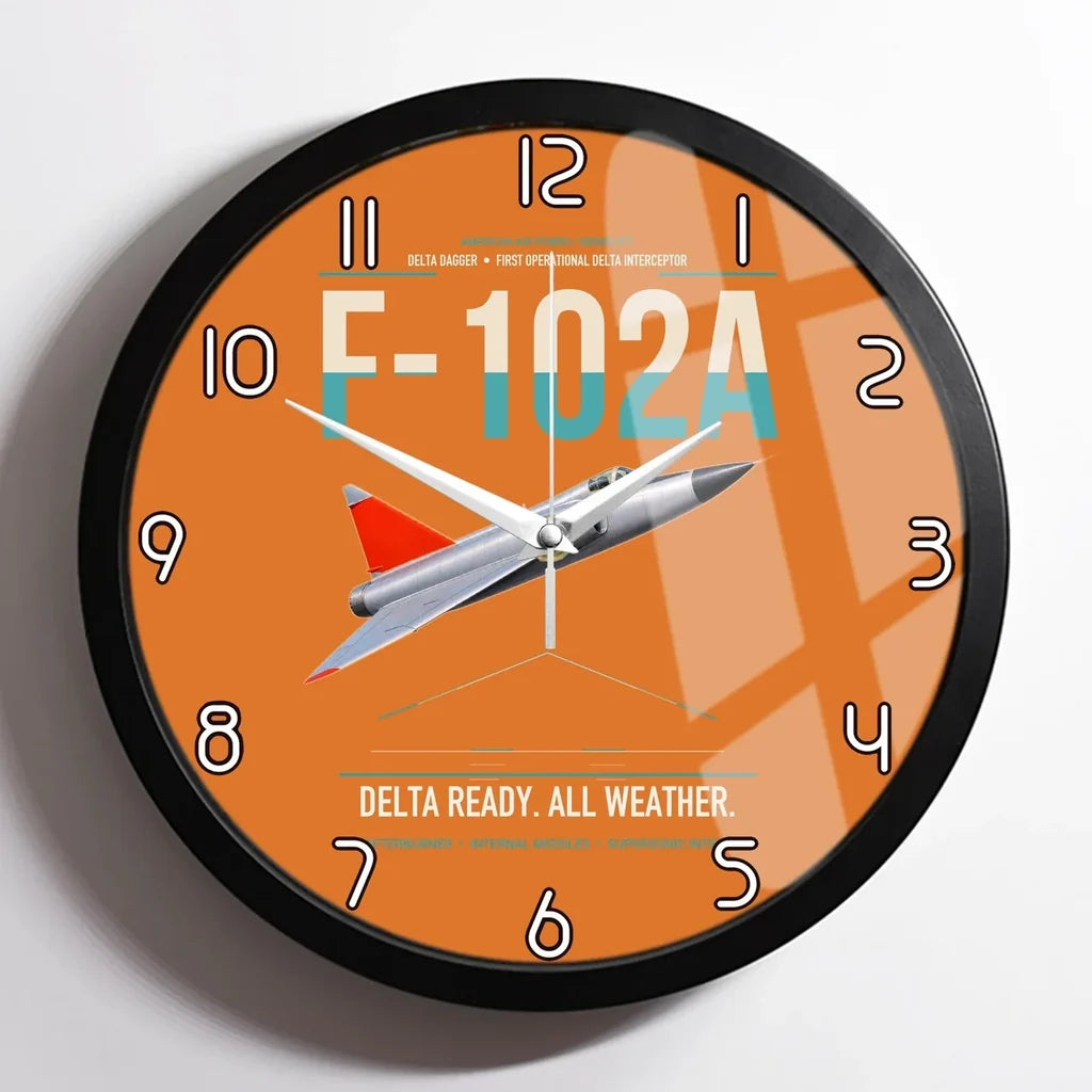 F-102A Delta Dagger design on orange framed wall clock