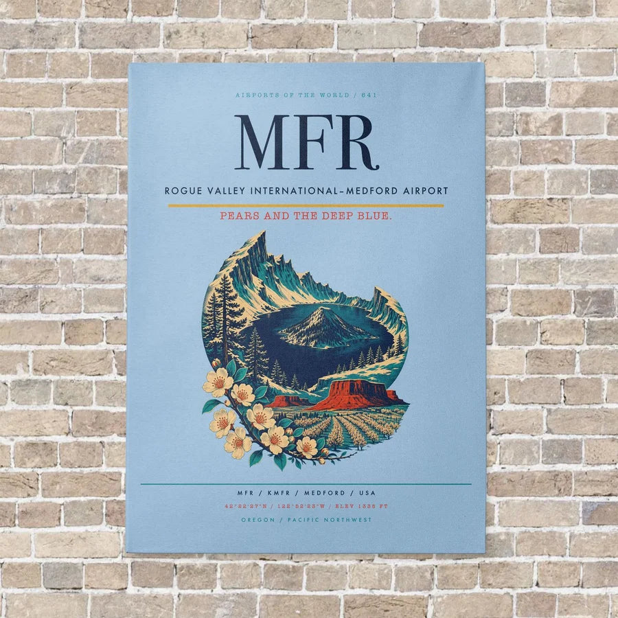 Rogue Valley International–Medford Airport MFR vertical canvas print - no frame - light blue background