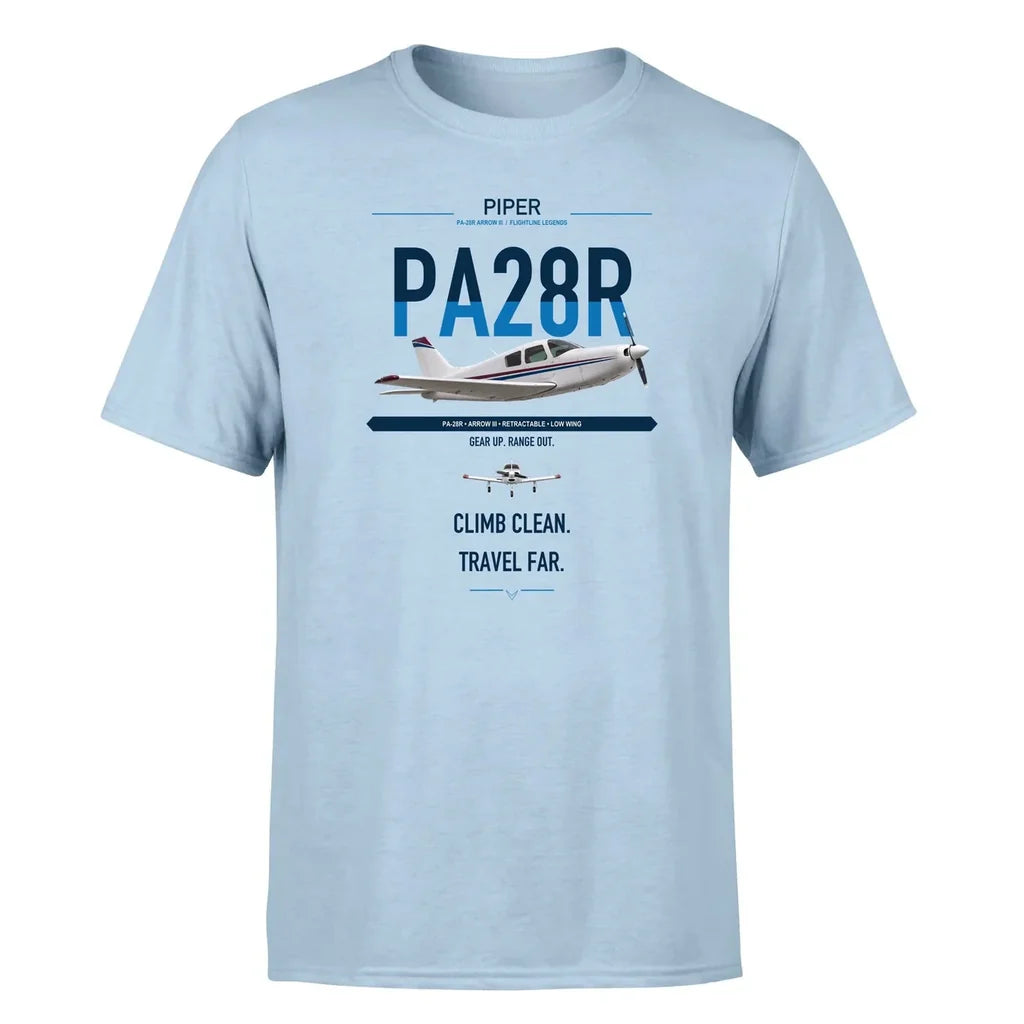 Piper PA-28R Arrow III design on light blue t-shirt, single-side print