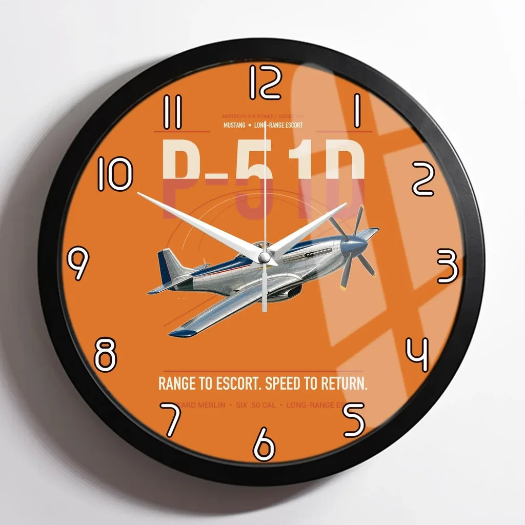 P-51D Mustang design on orange framed wall clock