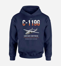 Thumbnail for C-119G Flying Boxcar design on navy blue double-side hoodie, single-side print