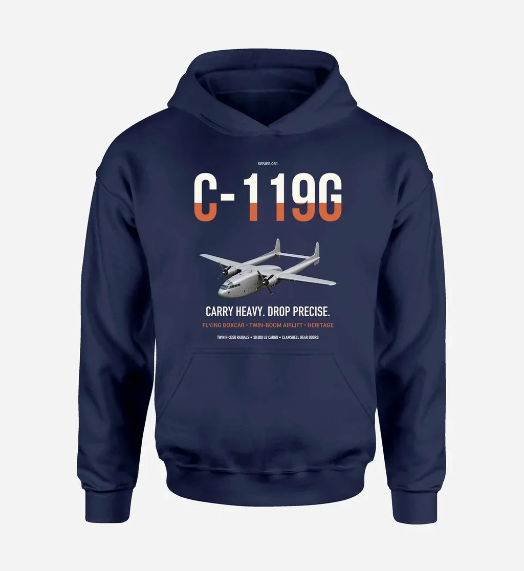 C-119G Flying Boxcar design on navy blue double-side hoodie, single-side print
