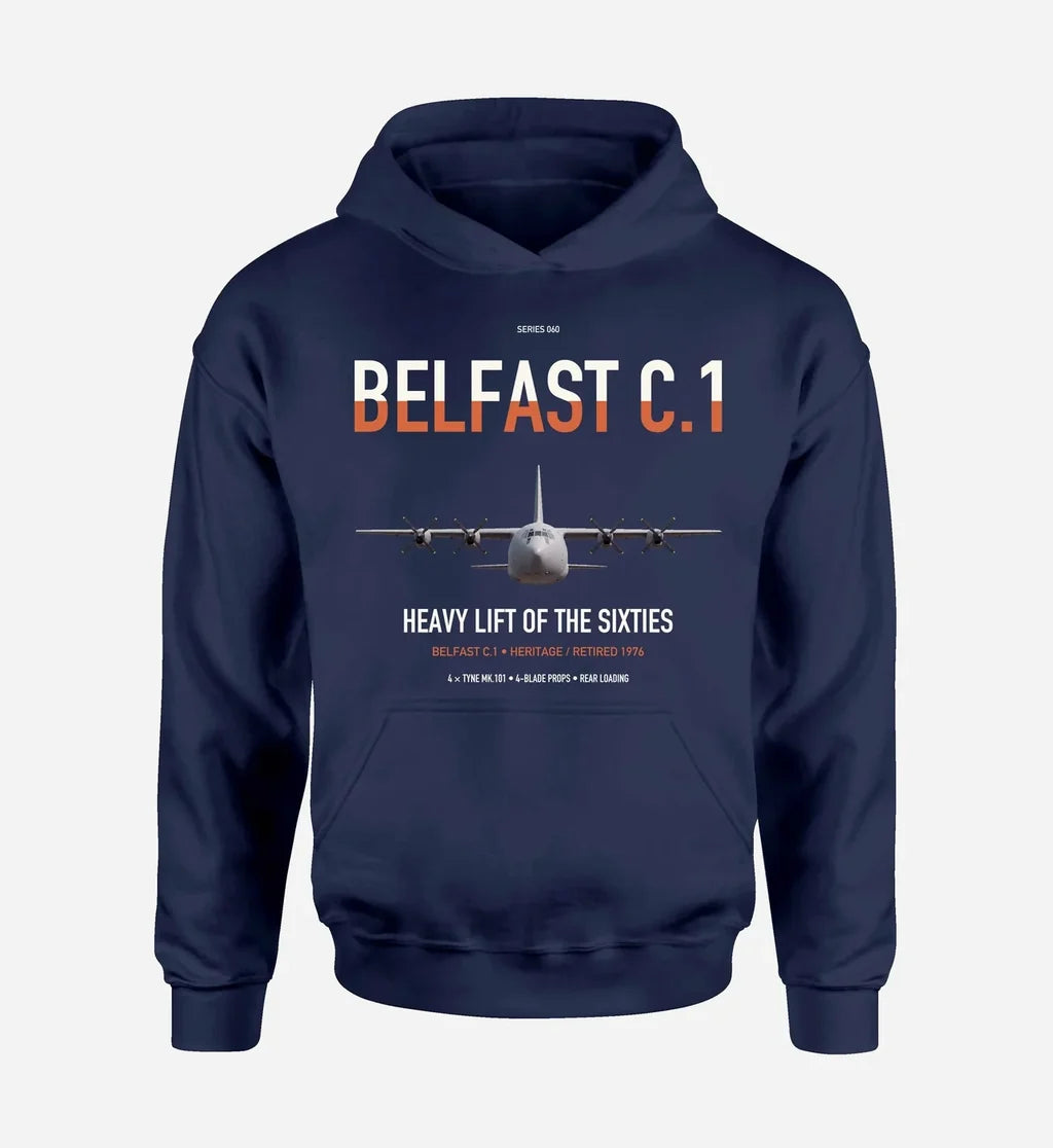 Short Belfast C.1 design on navy blue double-side hoodie, single-side print