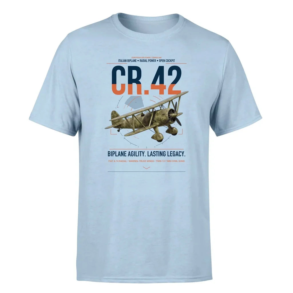 Fiat CR.42 Falco design on light blue t-shirt, single-side print