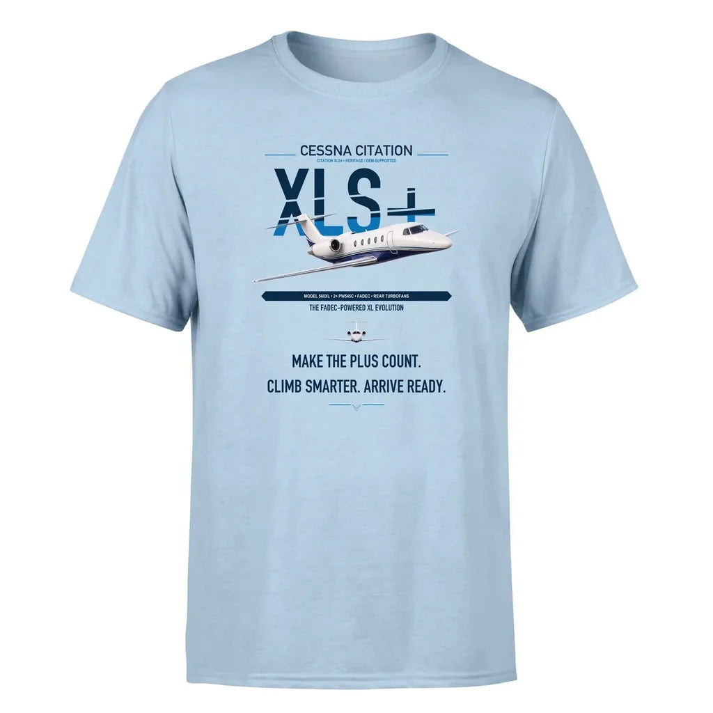 Cessna Citation XLSPlus design on light blue double-side t-shirt, single-side print