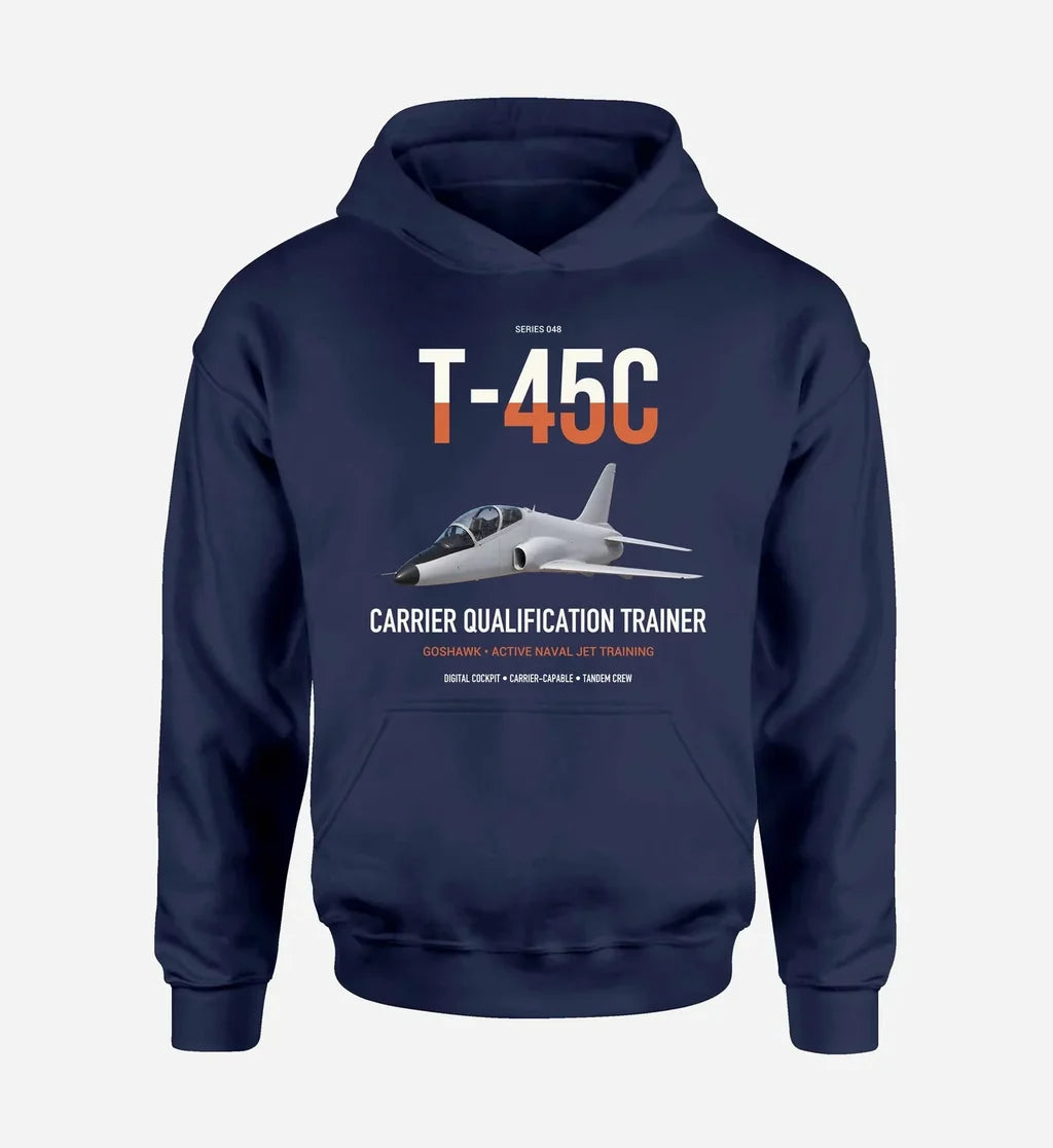 T-45C Goshawk design on navy blue double-side hoodie, single-side print