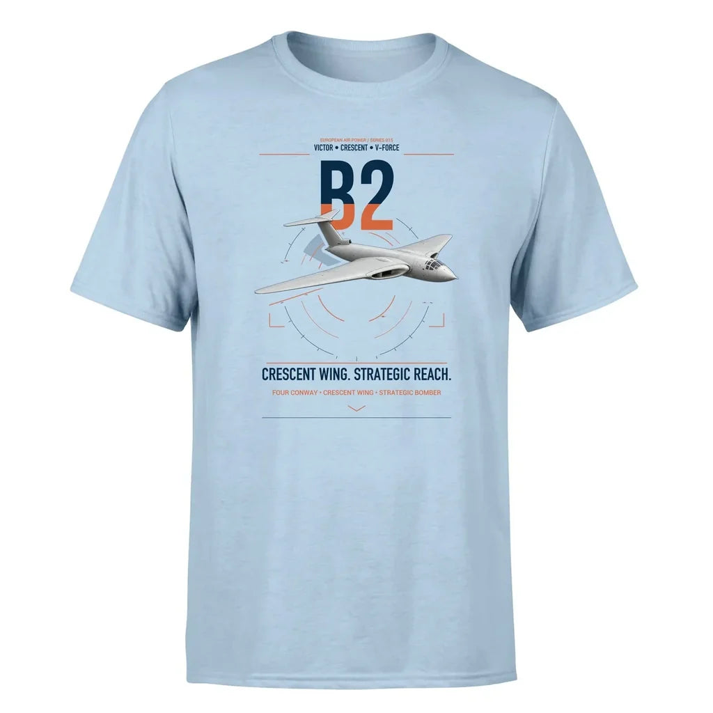 Handley Page Victor B2 design on light blue t-shirt, single-side print