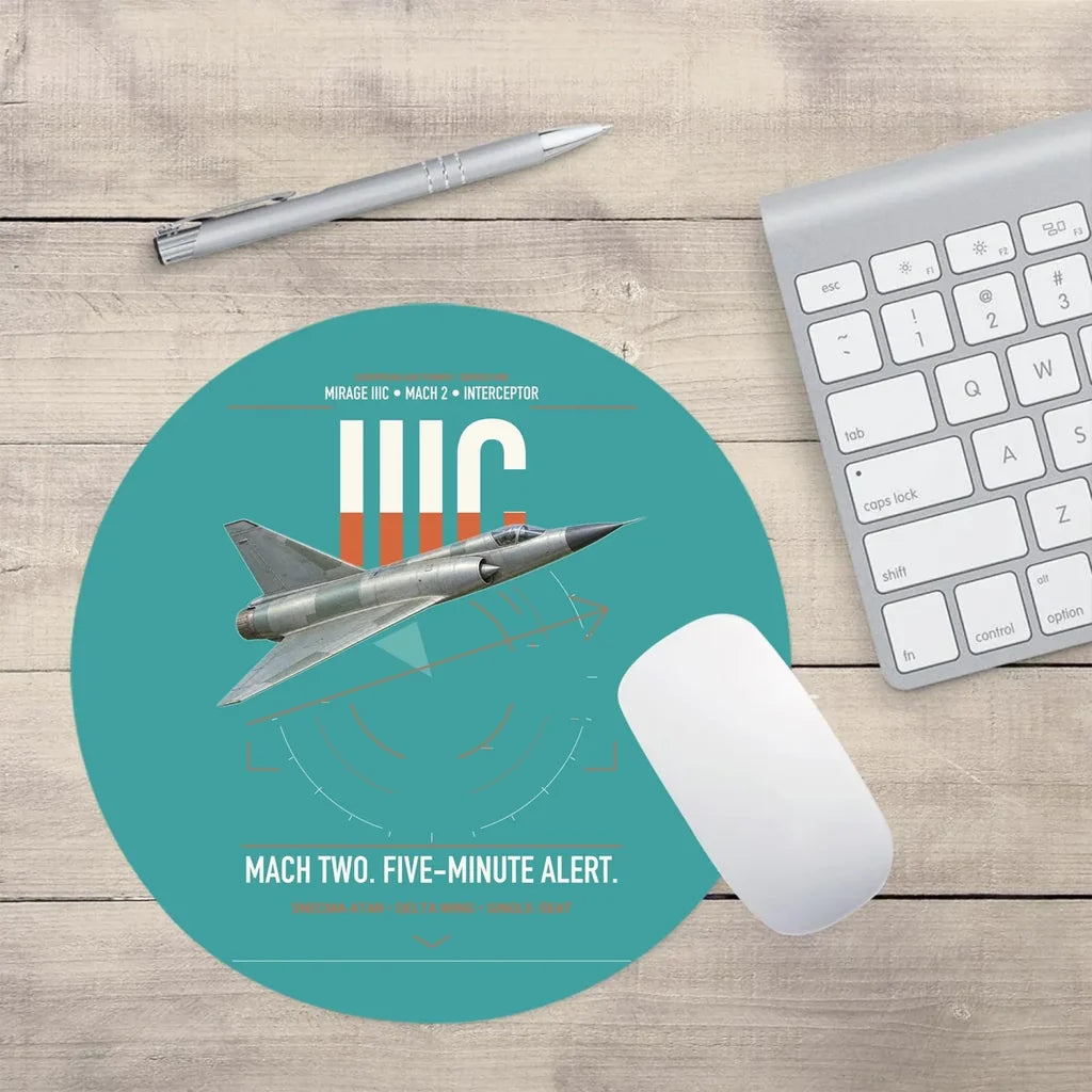 Dassault Mirage IIIC design on turquoise round mouse pad
