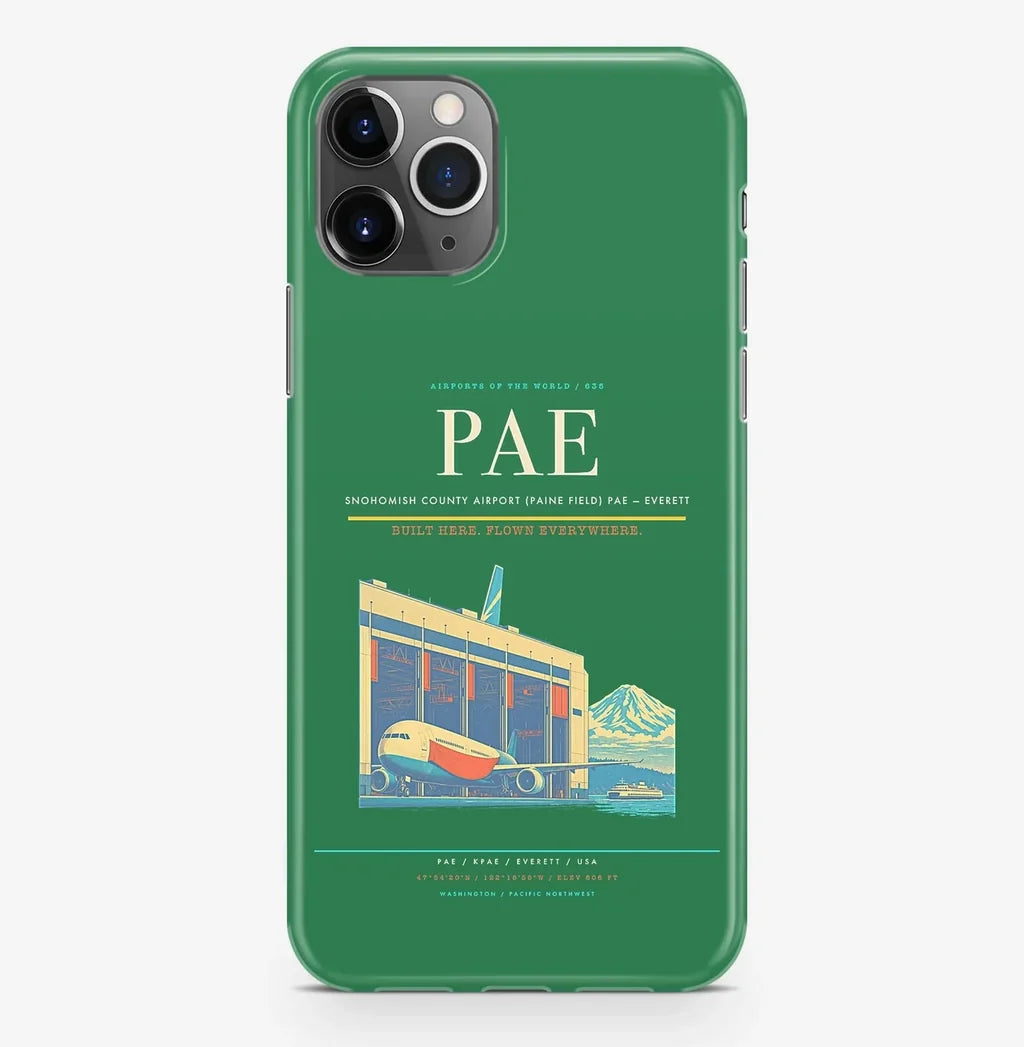 Everett Airport (PAE) design on green iPhone 16 Pro MagSafe case