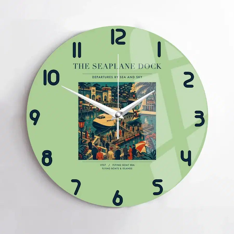 VINTAGE G4056 - The Seaplane Dock - Designed Wall Clocks design on lightgreen no-frame