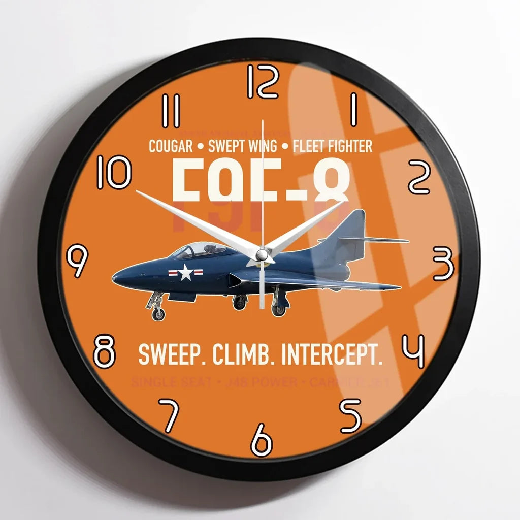 F9F-8 Cougar Swept Wing Carrier Fighter design on orange framed wall clock