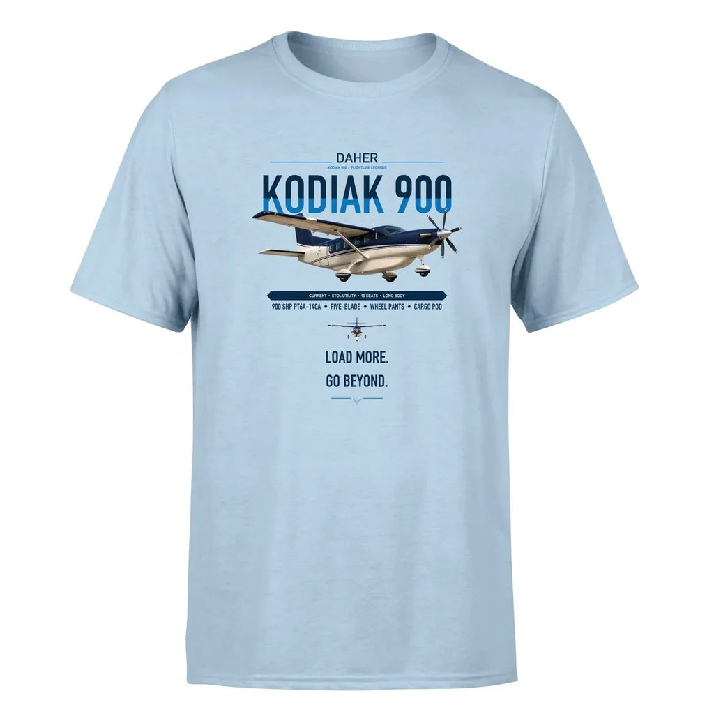 Daher Kodiak 900 design on light blue t-shirt, single-side print