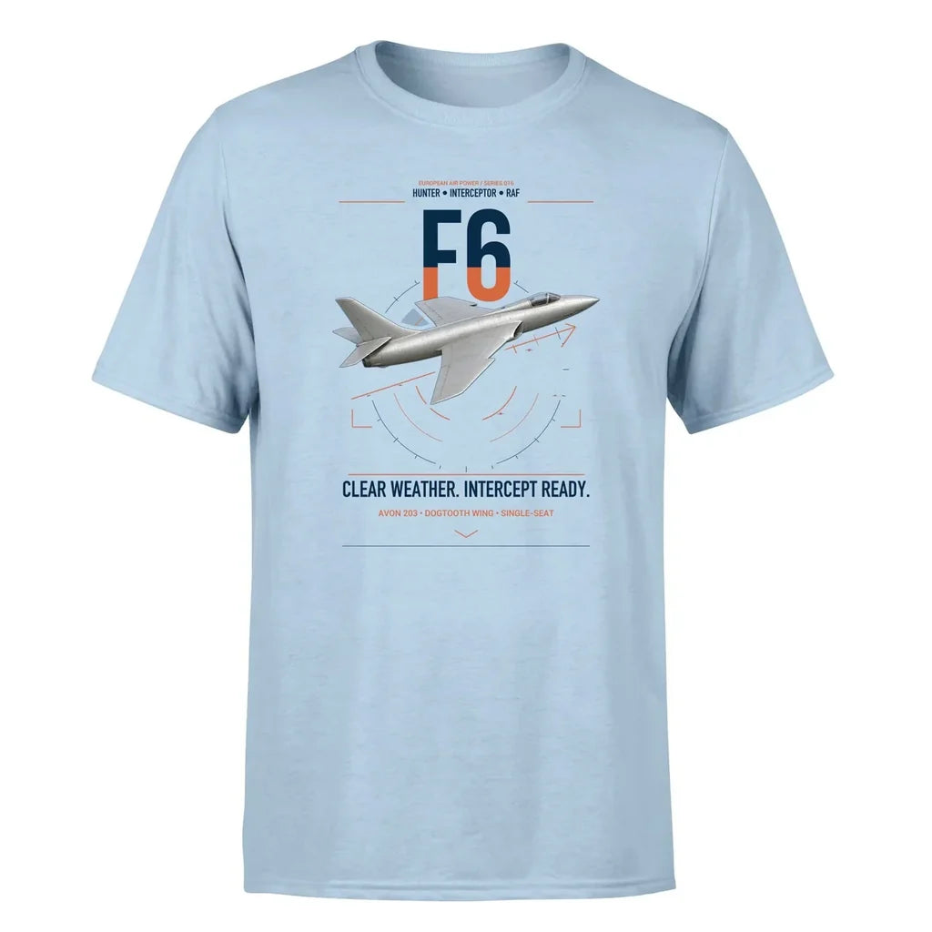 Hawker Hunter F6 design on light blue t-shirt, single-side print