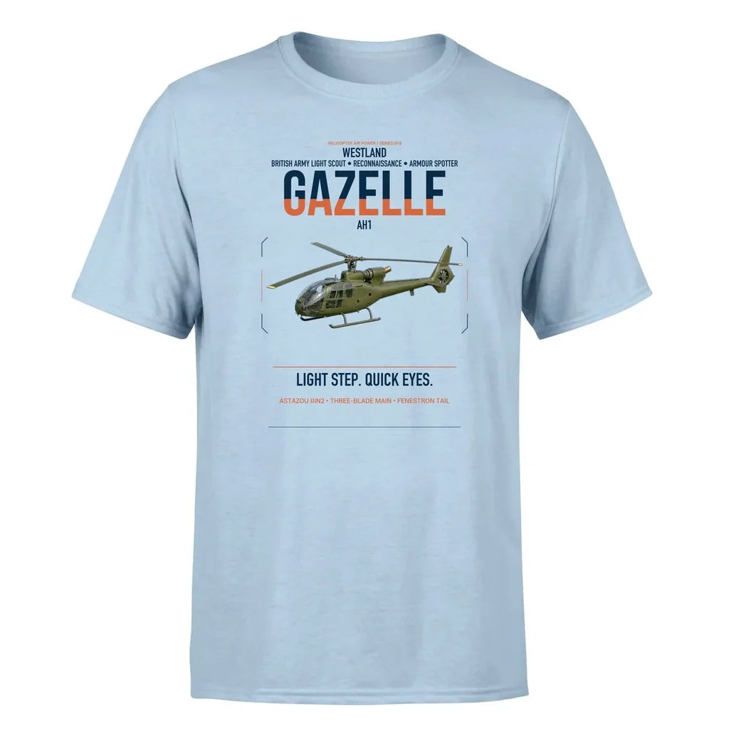 Westland Gazelle AH1 design on light blue t-shirt, single-side print