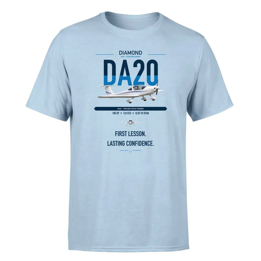 Diamond DA20 design on light blue t-shirt, single-side print
