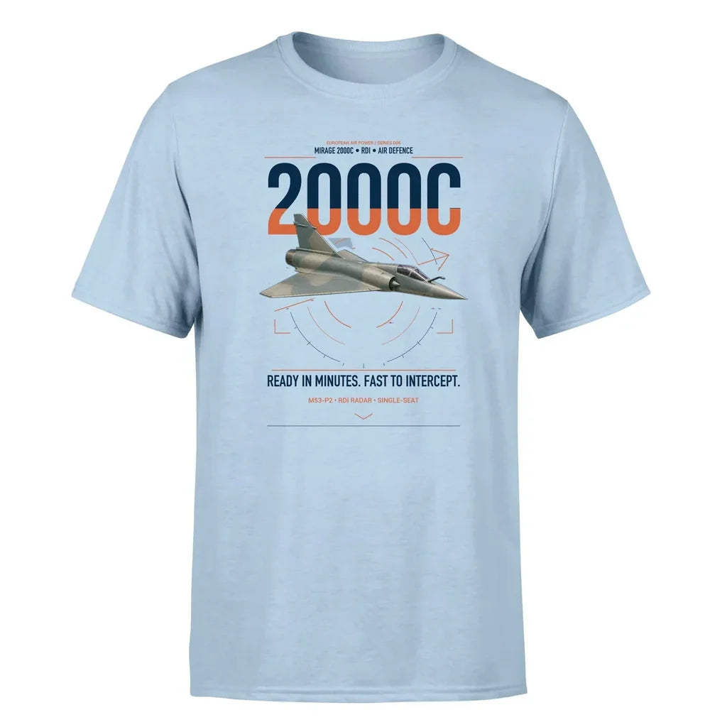 Dassault Mirage 2000C RDI design on light blue t-shirt, single-side print