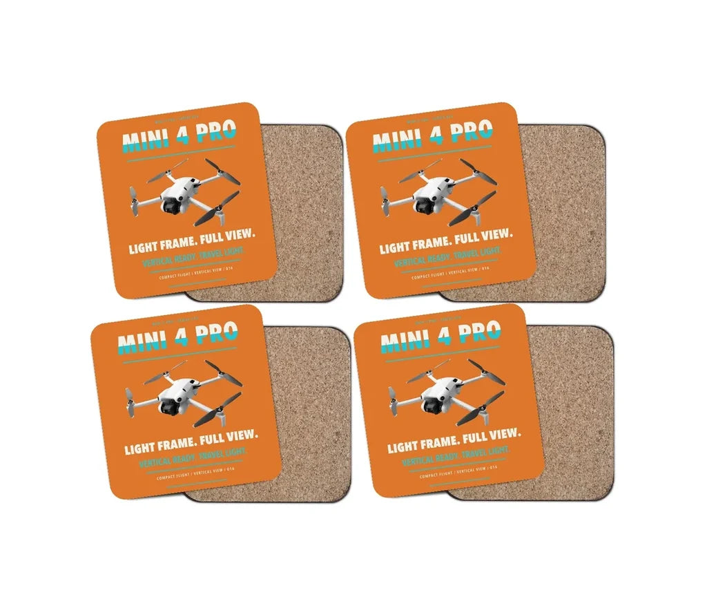 DJI Mini 4 Pro design on orange 4 pieces set coaster