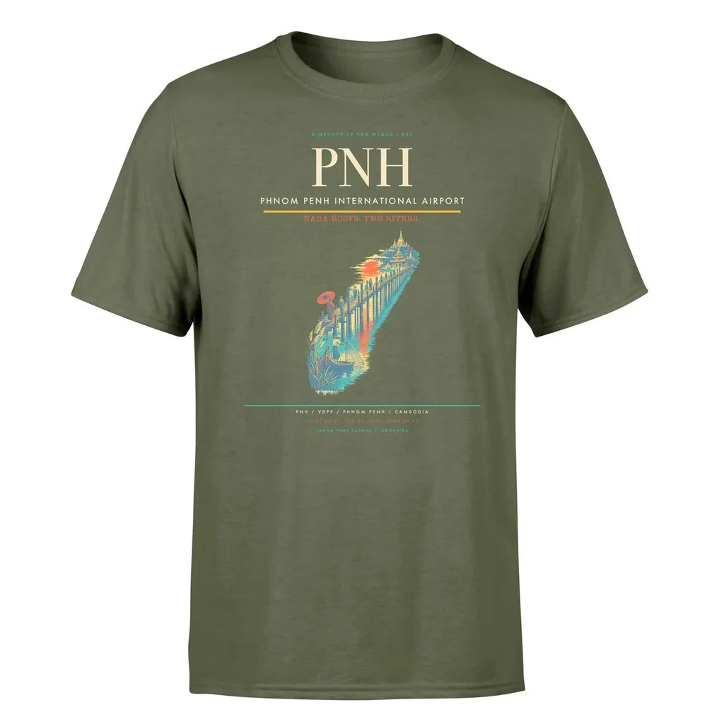 Phnom Penh International Airport (PNH) T-Shirt single-side front print in Green Army | phnom-penh-international-airport-pnh-double-side-t-shirt