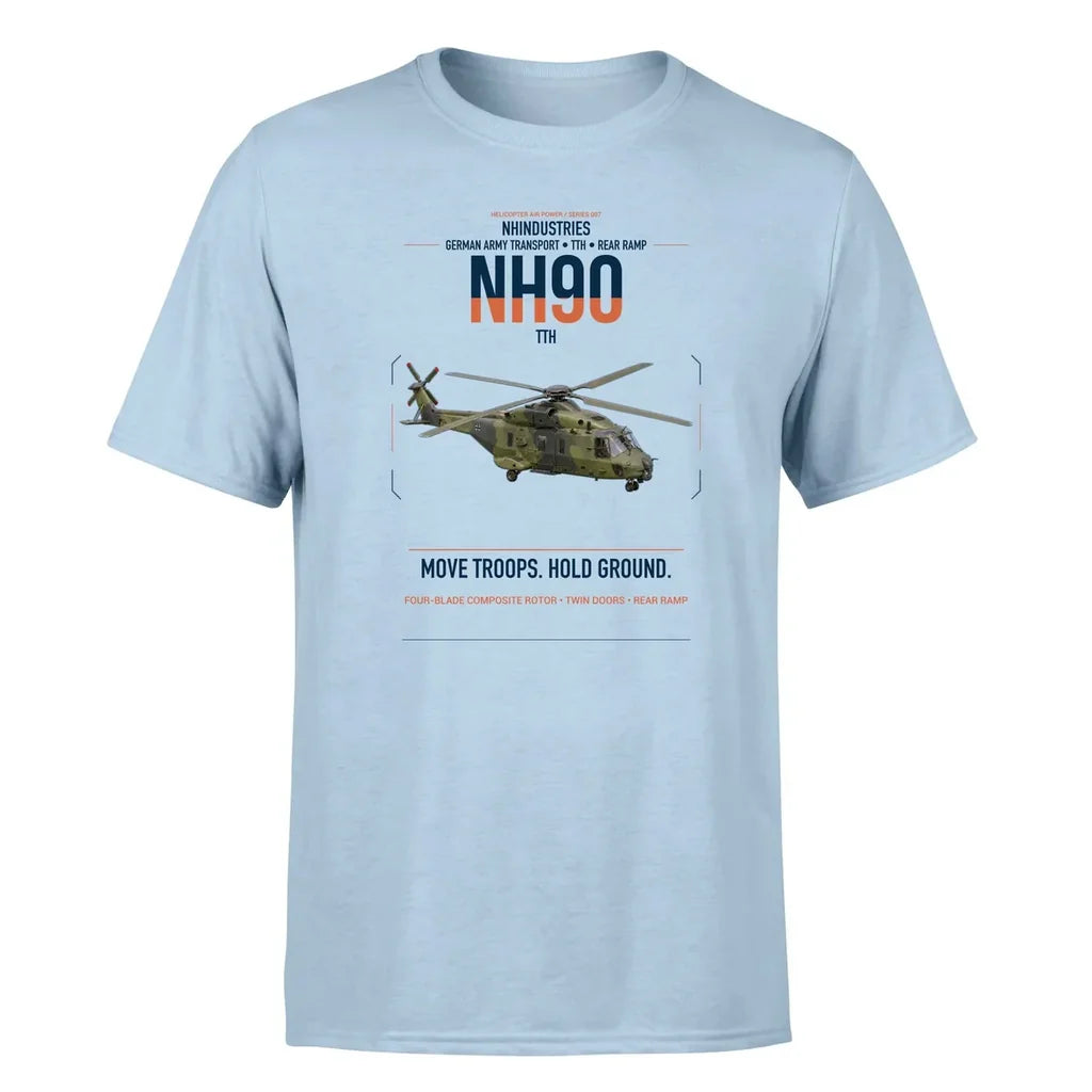 NHIndustries NH90 TTH design on light blue t-shirt, single-side print