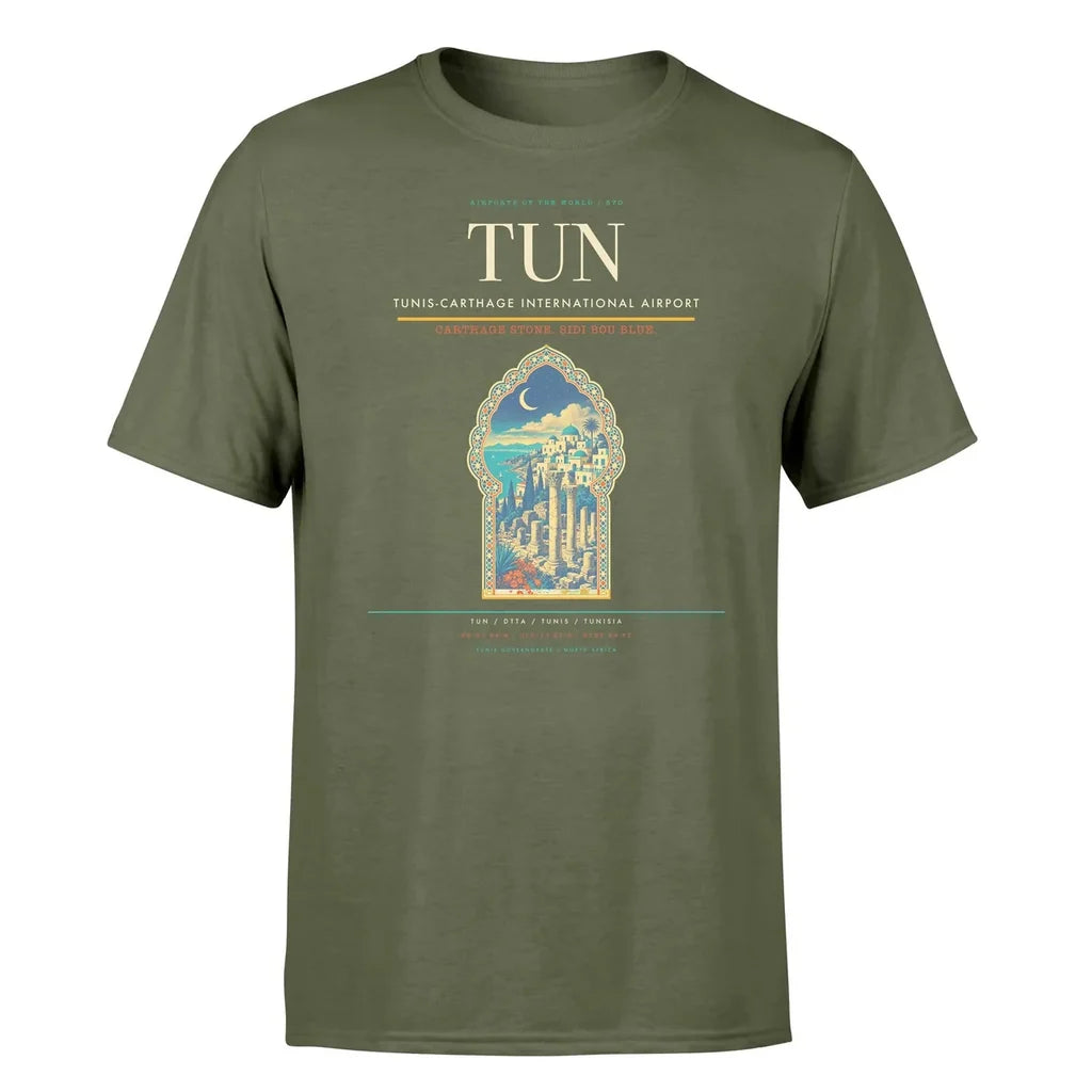 Tunis-Carthage International Airport (TUN) T-Shirt single-side front print in Green Army | tunis-carthage-international-airport-tun-double-side-t-shirt