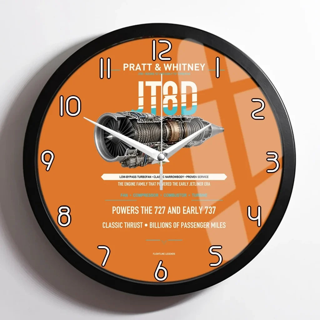 JT8D design on orange framed wall clock