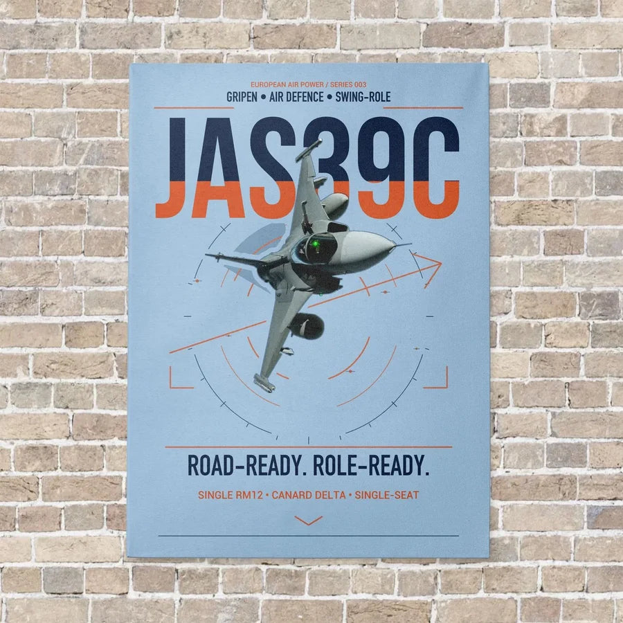 Saab JAS 39C Gripen vertical canvas print - no frame - light blue background