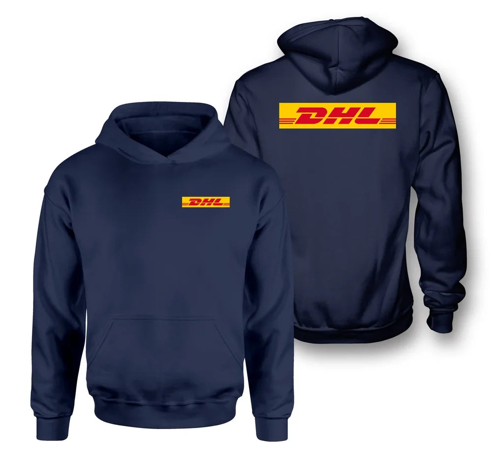 DHL Aviation logo on navy blue double side hoodie